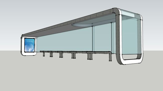 a drawing of a bus stop with the doors open and sky in the back ground