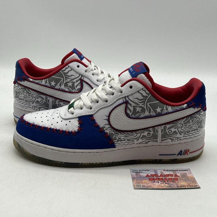 Elevate your sneaker game with these Nike Air Force 1 Puerto Rico Blue White Red Leather sneakers. With a stylish colorful theme, these sneakers are perfect for any athletic occasion. The upper material is made of high-quality leather and features a classic Nike Air Force design. These sneakers are available in size 11 and are perfect for men who love comfortable and stylish footwear. The product line is Nike Air Force and the model is Nike Air Force 1. The style code is 579941-100 and the year manufactured is 2013. Don't miss out on the chance to add these sneakers to your collection! No box Nike Air Force Design, Stylish Footwear, Athletic Shoes Nike, Sneaker Games, Nike Air Force 1, Air Force 1, High Quality Leather, Nike Air Force, Leather Sneakers