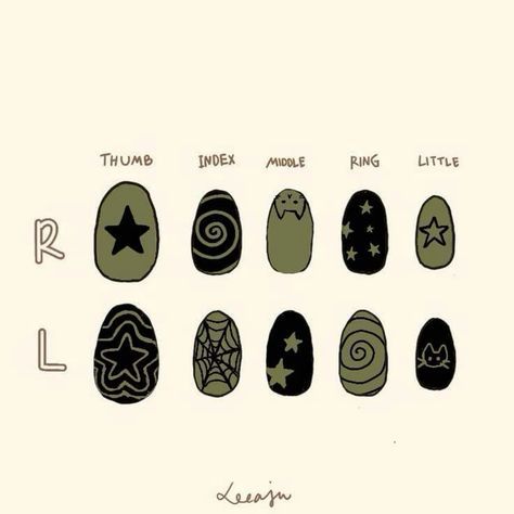 Forest Nail Ideas, Nail Ideas Tomboy, Nail Art Designs Grunge, Hunger Games Nails Easy, Therian Nails Ideas, Nail Inspiration Grunge, Fairy Grunge Nails Short, Nail Doodles Art Designs, Nail Design Drawing