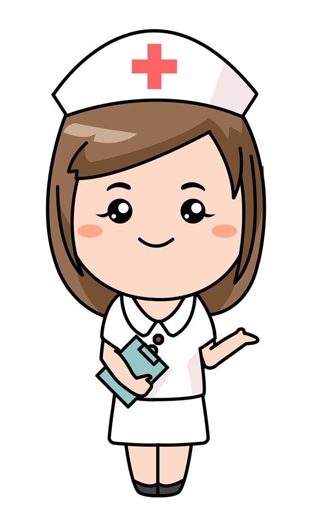 a cartoon nurse holding a clipboard and pointing to the side with her hand on her hip