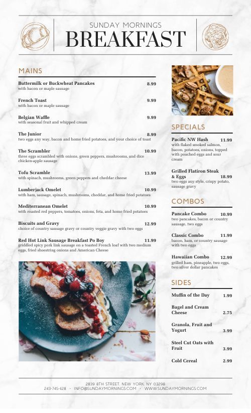 the breakfast menu is displayed on a marble surface