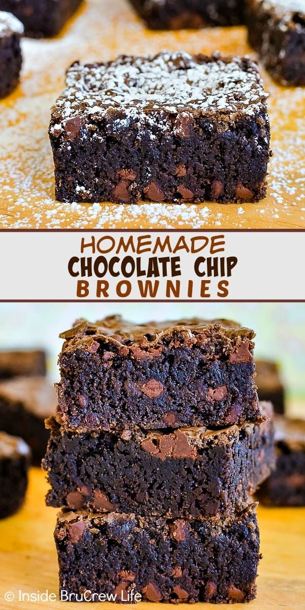 homemade chocolate chip brownies stacked on top of each other