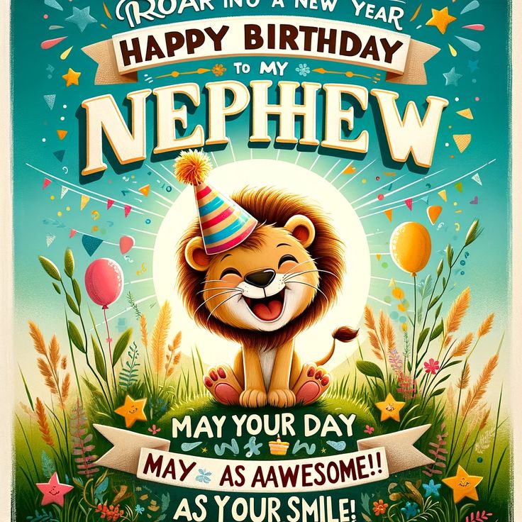 a happy birthday card with a lion wearing a party hat