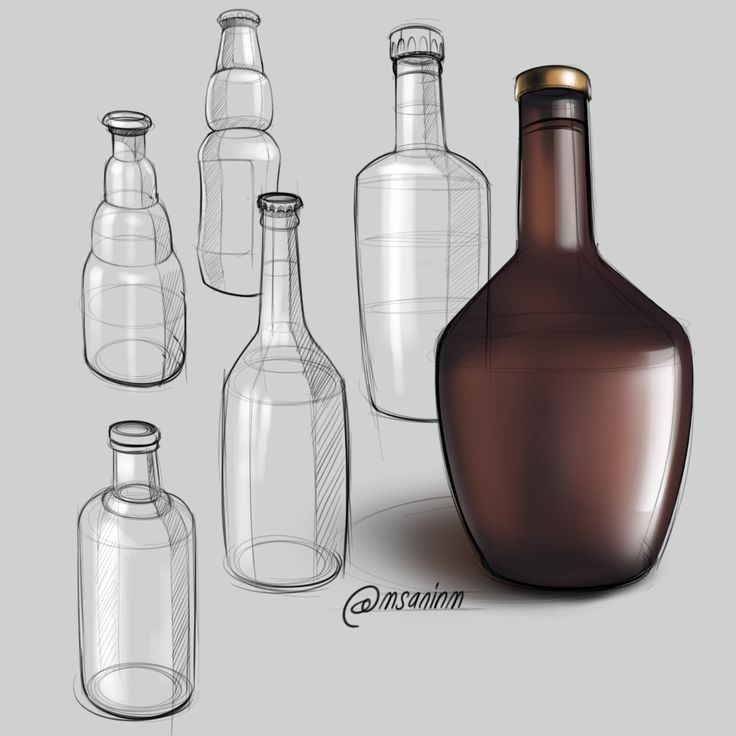 several glass bottles are shown on a gray background