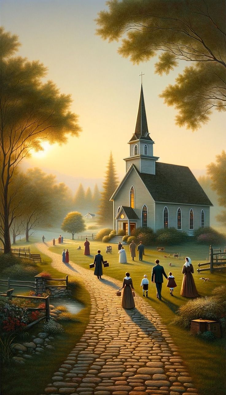 a painting of people walking down a path towards a church with a sunset in the background