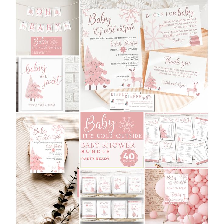 pink and white christmas themed baby shower party with snowflakes, cards, envelopes and other items