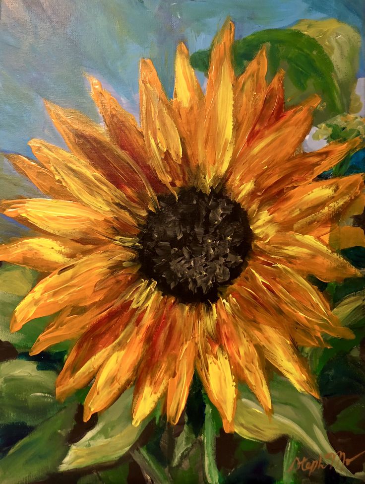 an oil painting of a sunflower with green leaves