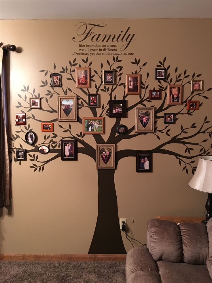 a family tree with pictures hanging on the wall