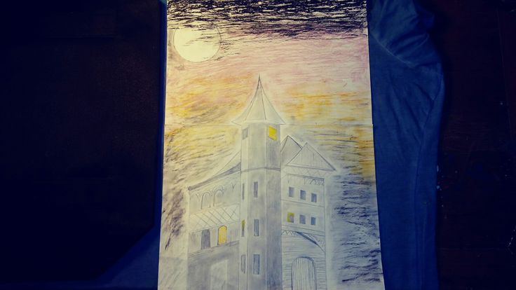 a drawing of a white building with a full moon in the background