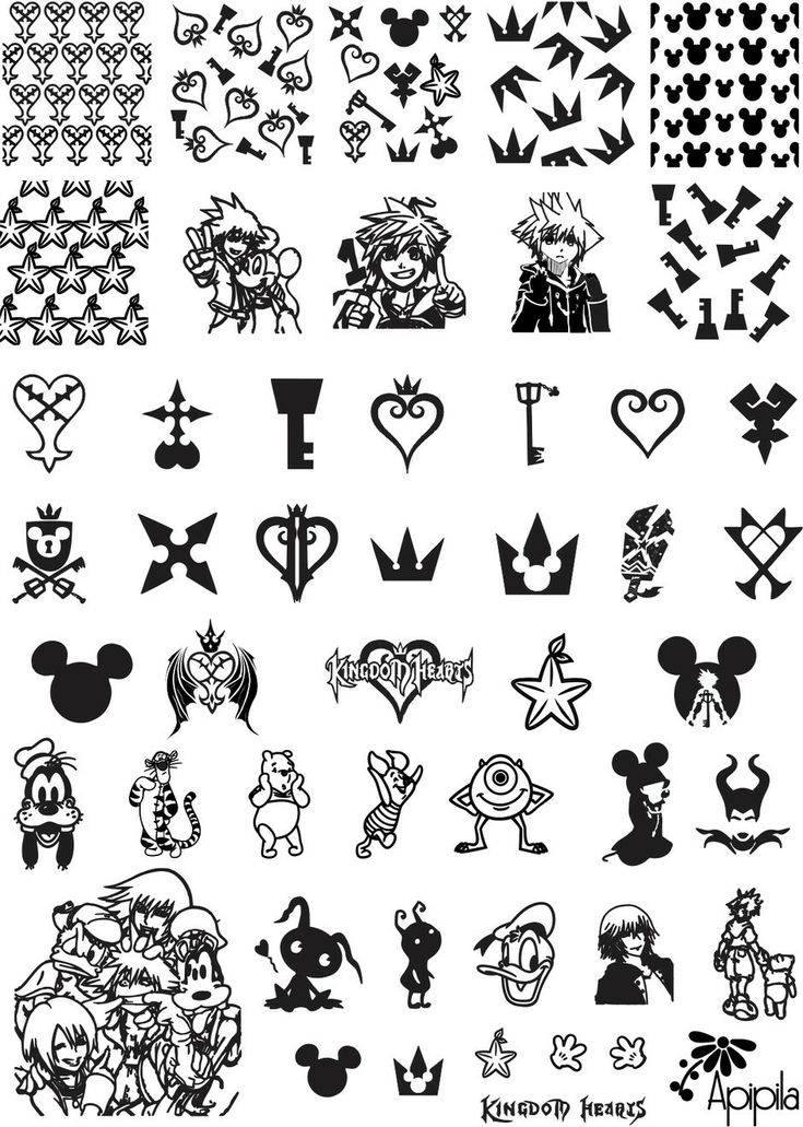 various black and white tattoos with different designs on them, all in different shapes and sizes