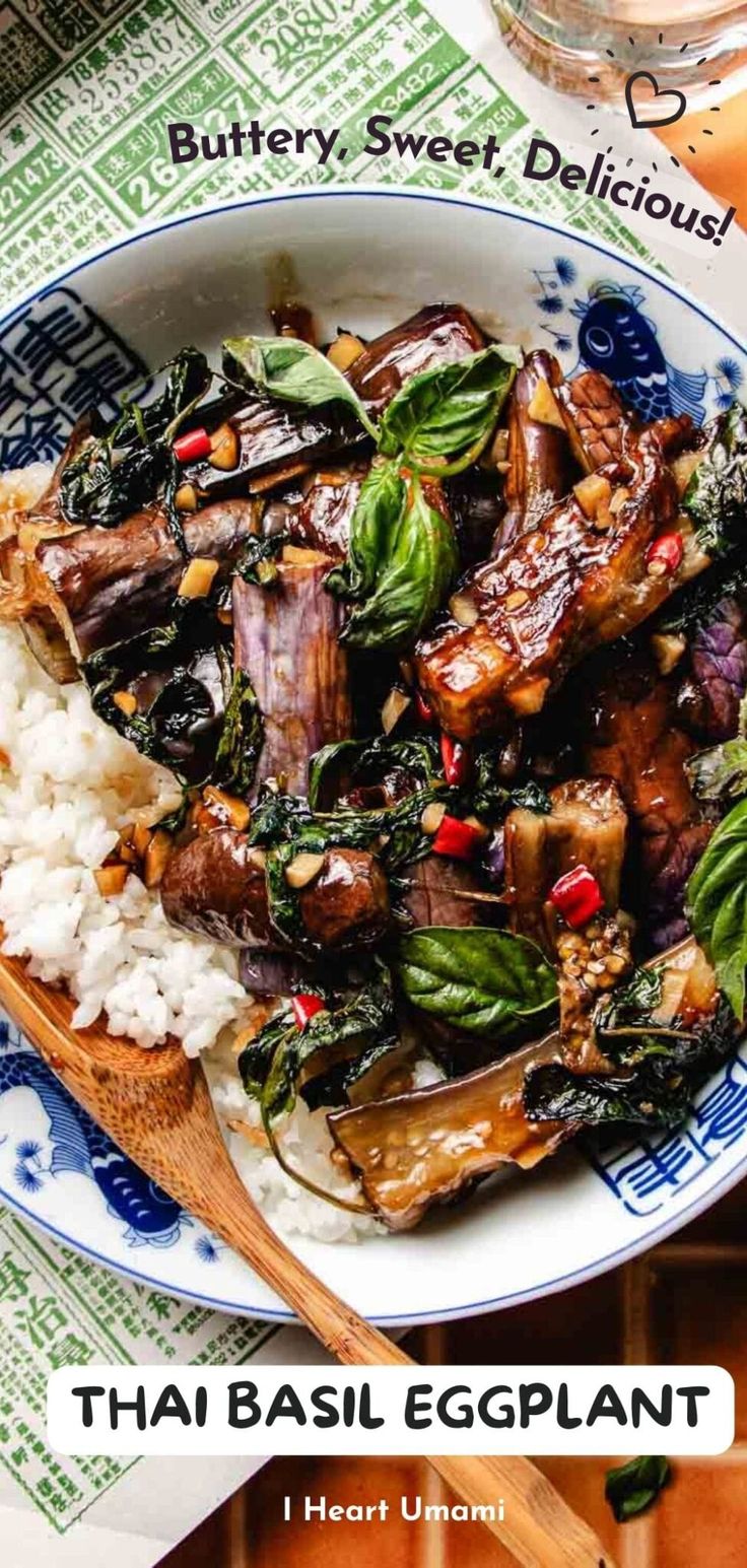 thai eggplant stir fry in a bowl with rice and herbs on the side