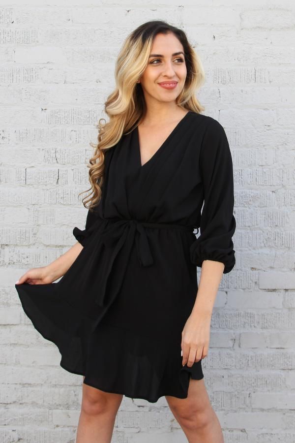 Whether you're going to work, after hour drinks or a dinner party, this amazing v neck dress is prefect for any occasion. The removable tie belt can be styled to your liking, while the quarter sleeves can be pulled down the arm for a longer look, or hiked up the bicep for a unique bubble-like sleeve. Pair with heel and a clutch. V neckline Pleated front Elastic-lined waist Removable tie belt 3/4 sleeves 97% Polyester, 3% Spandex SKU #: D-4482 Aesthetic Things, Crepe Dress, Tie Belt, Going To Work, V Neck Dress, Black Media, Quarter Sleeve, Dinner Party, Wedding Guest