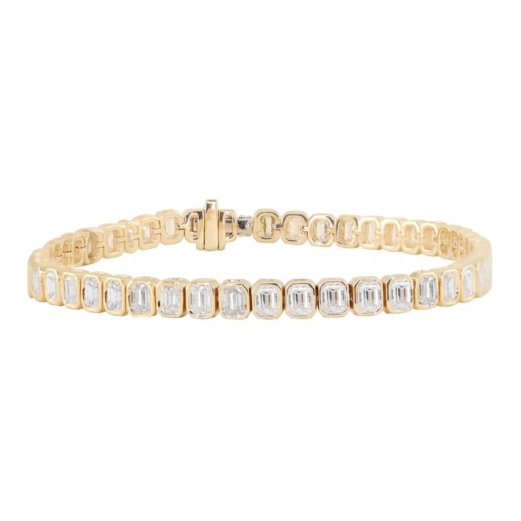 14kt gold emerald cut diamond bezel tennis bracelet *total diamond weight: about 7ct  *4.5mm inside diameter Baguette Bracelet, Engagement Necklaces, Bezel Necklace, Choker Pendant, Coin Earrings, Daily Jewelry, Bridal Engagement Rings, Emerald Cut Diamond, Diamond Star