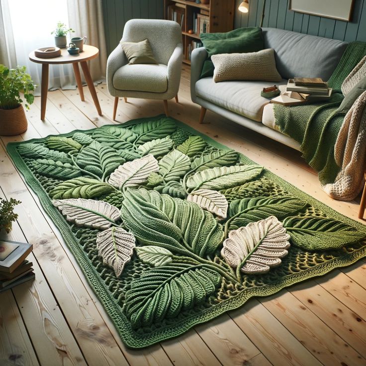 a green rug with leaves on it in a living room