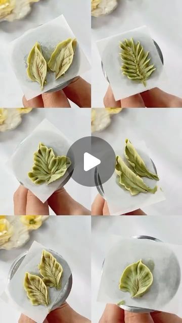 four pictures showing how to make fake leaves with food colorings on them and then drying