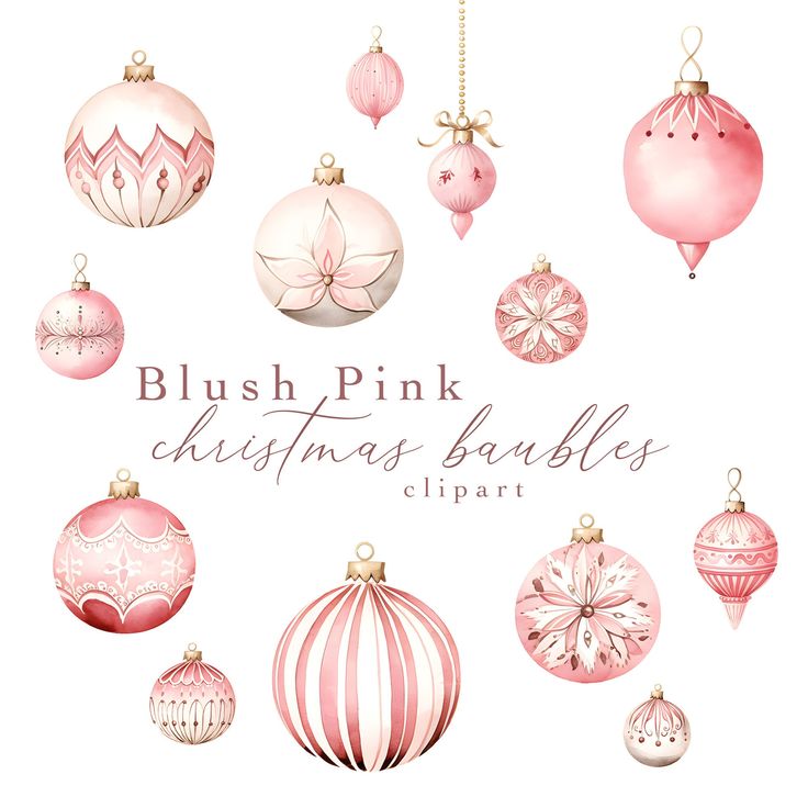 pink christmas baubles clipart set with ornaments in watercolor and hand drawn style