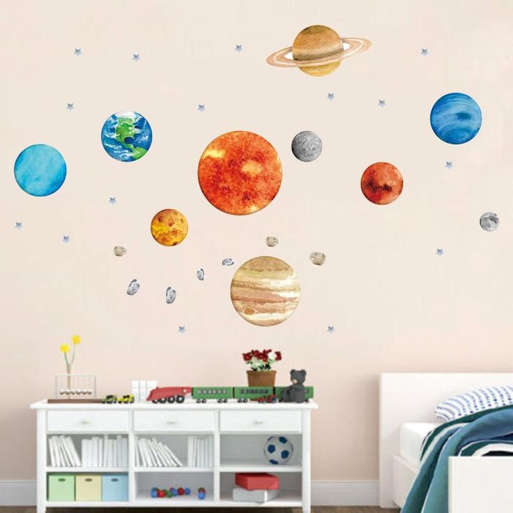 the solar system wall decals in a child's bedroom are colorful and fun