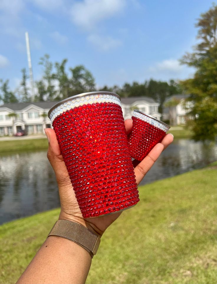 a person holding up a red cup in front of a body of water with houses in the background