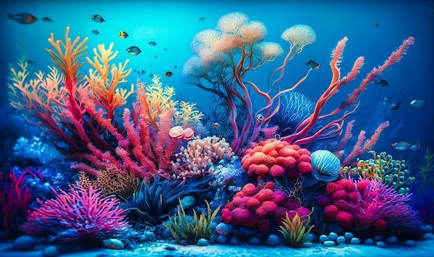 an underwater scene with colorful corals and seaweed on the bottom, blue water