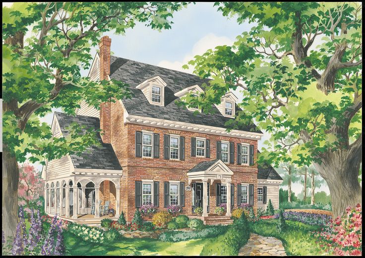 a painting of a large brick house in the woods