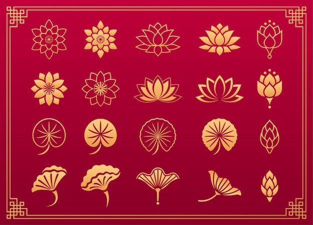 golden flowers and leaves on a red background