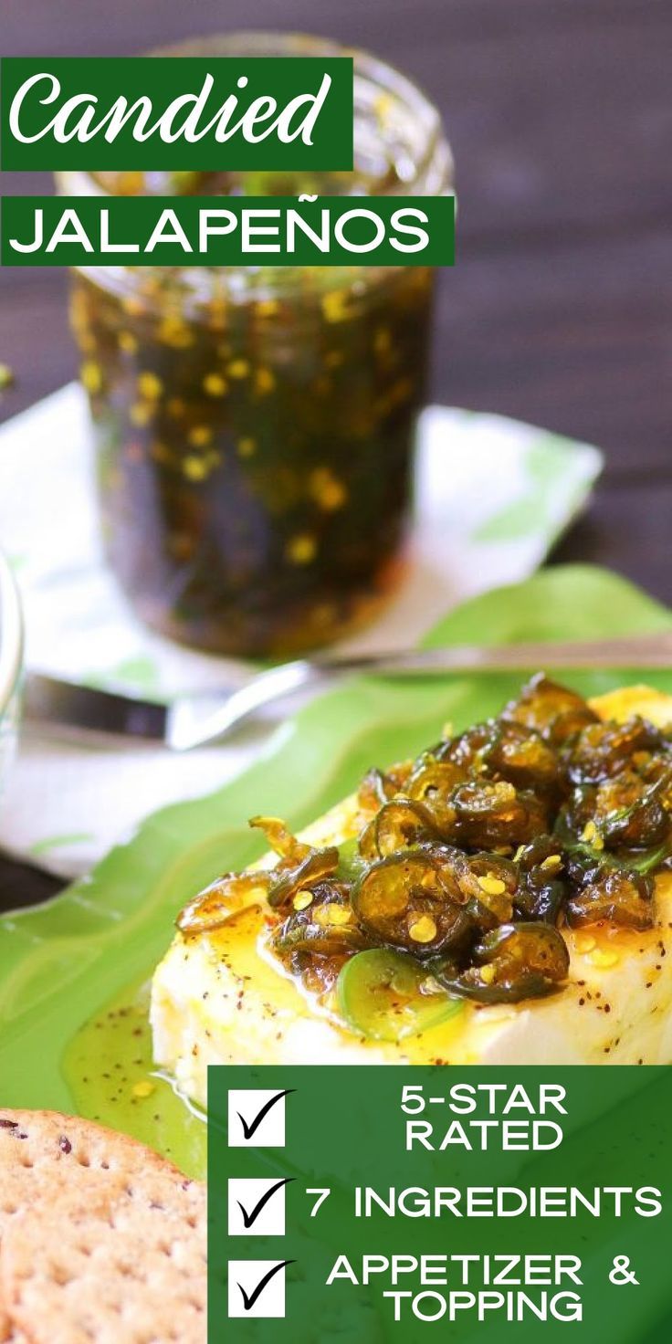 there is a plate with food on it and the words, candied jalapenos