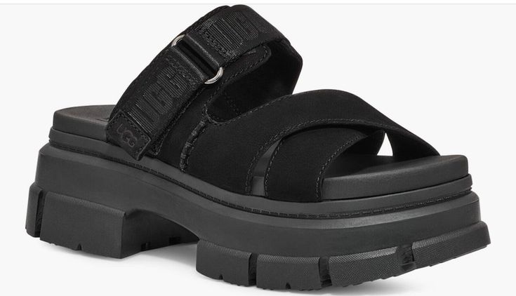 UGG ASHTON BLACK SANDAL ~ EUC ~ SIZE 10 Black Platform Slip-on Footbed Sandals, Black Chunky Platform Sandals For Streetwear, Casual Footbed Sandals With Chunky Platform For Spring, Casual Chunky Platform Sandals In Synthetic, Casual Open Toe Footbed Sandals With Chunky Platform, Black Chunky Platform Footbed Sandals With Round Toe, Black Leather Chunky Platform Footbed Sandals, Casual Leather Slides With Chunky Platform, Casual Footbed Sandals With Chunky Platform And Round Toe