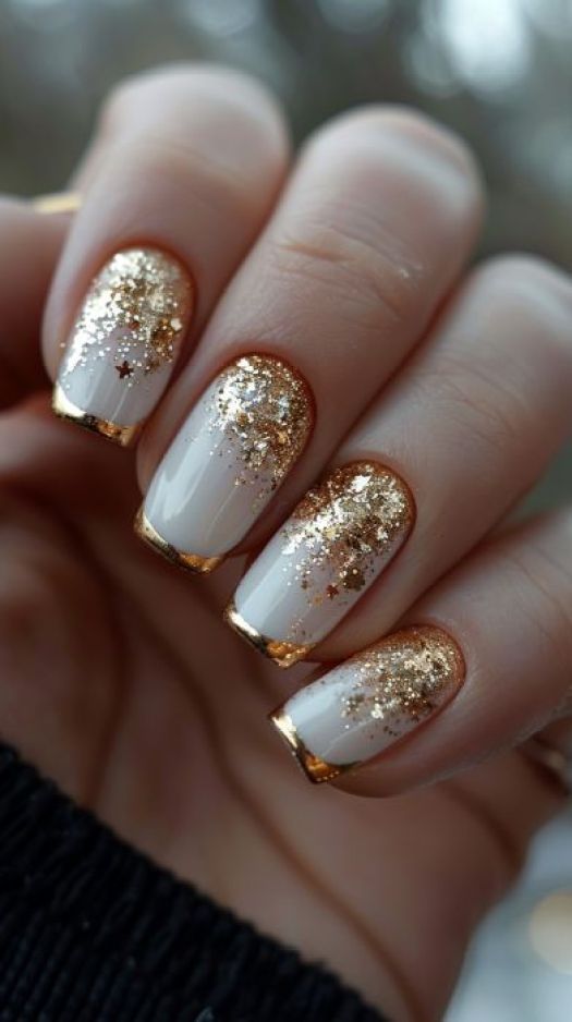 Gold Glitter Nails Gold Design Nails Nailart, Nails For Guest At Wedding, Fall Nails With Gold Glitter, Gel Polish Nail Designs Glitter, Pretty Nails For Wedding Guest, Nail Designs With Gold Glitter, Gold Tip Nail Designs, Blue And Gold French Nails, Gold French Nails Design