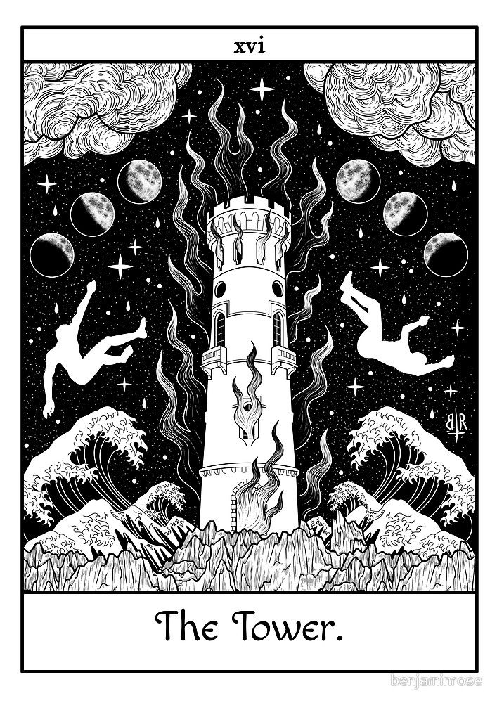 the tower tarot card with angels flying over it and stars in the sky above