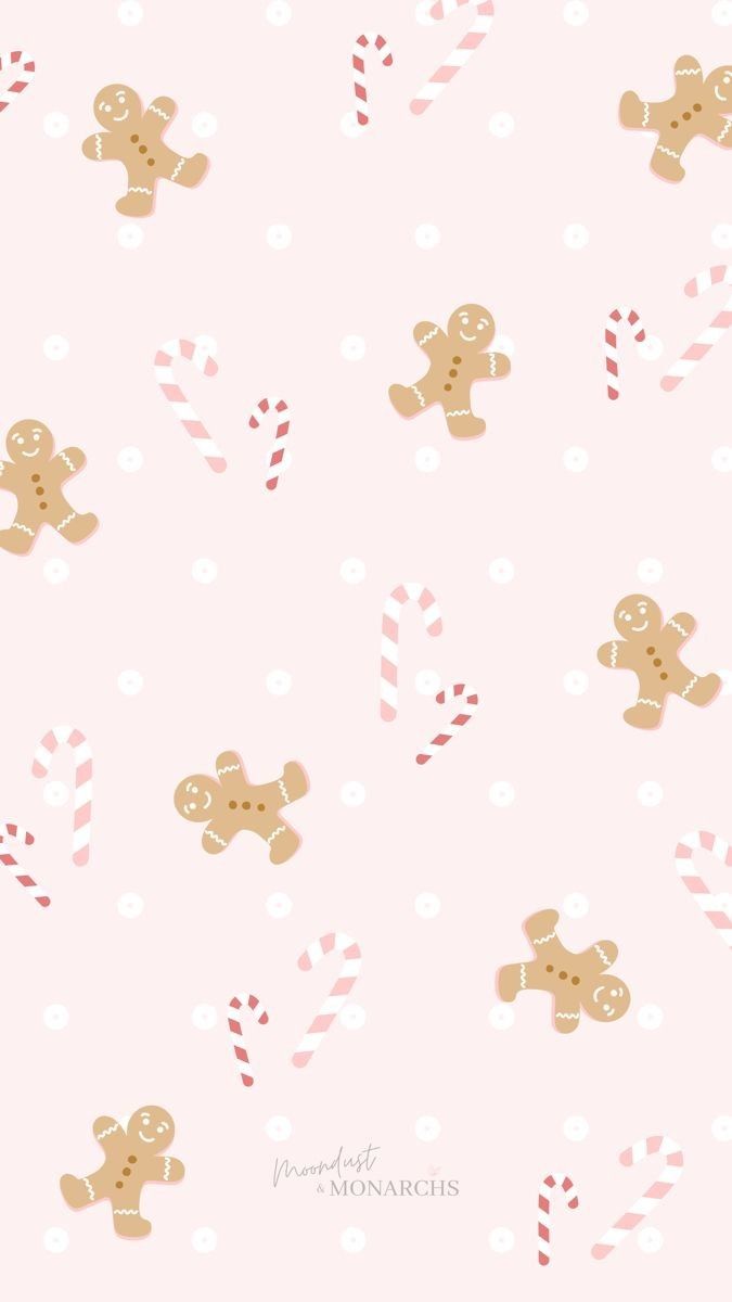 a pink background with gingerbreads and candy canes