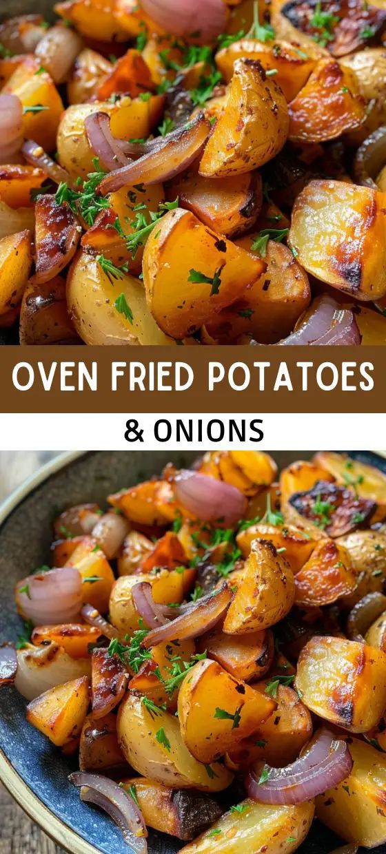 potatoes and onions in a bowl with the title overlayed above it that says oven fried potatoes and onions