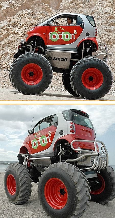 two pictures side by side of a monster truck and the same one with an advertisement on it