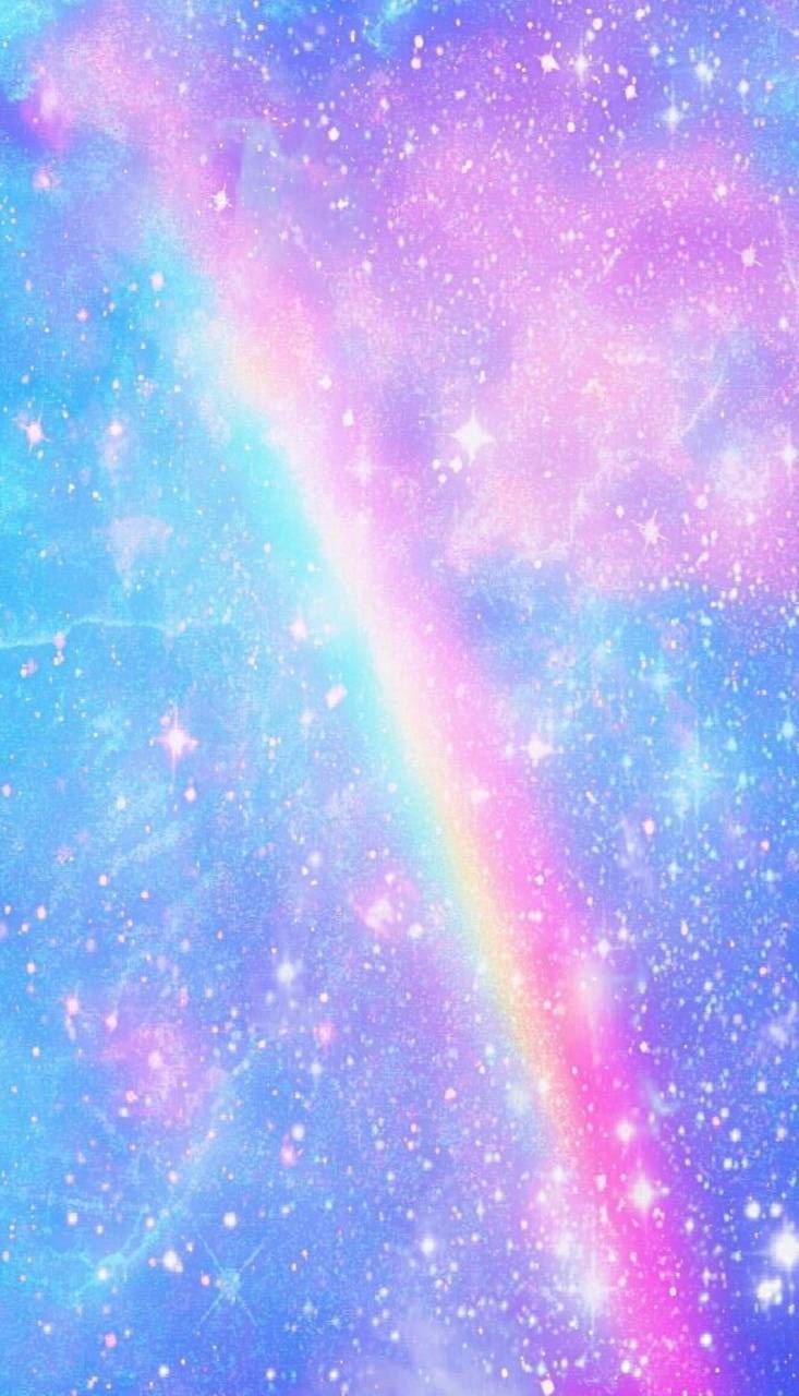 an image of a rainbow in the sky with clouds and stars on it's sides