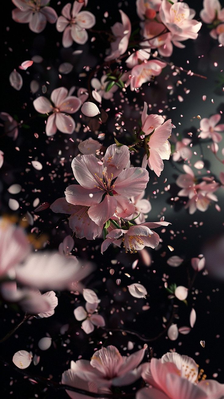 pink flowers floating in the air on a black background