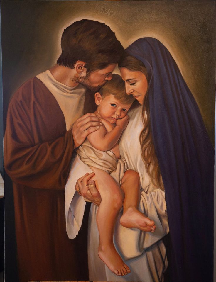 a painting of a man holding a baby in his arms with two other people around him