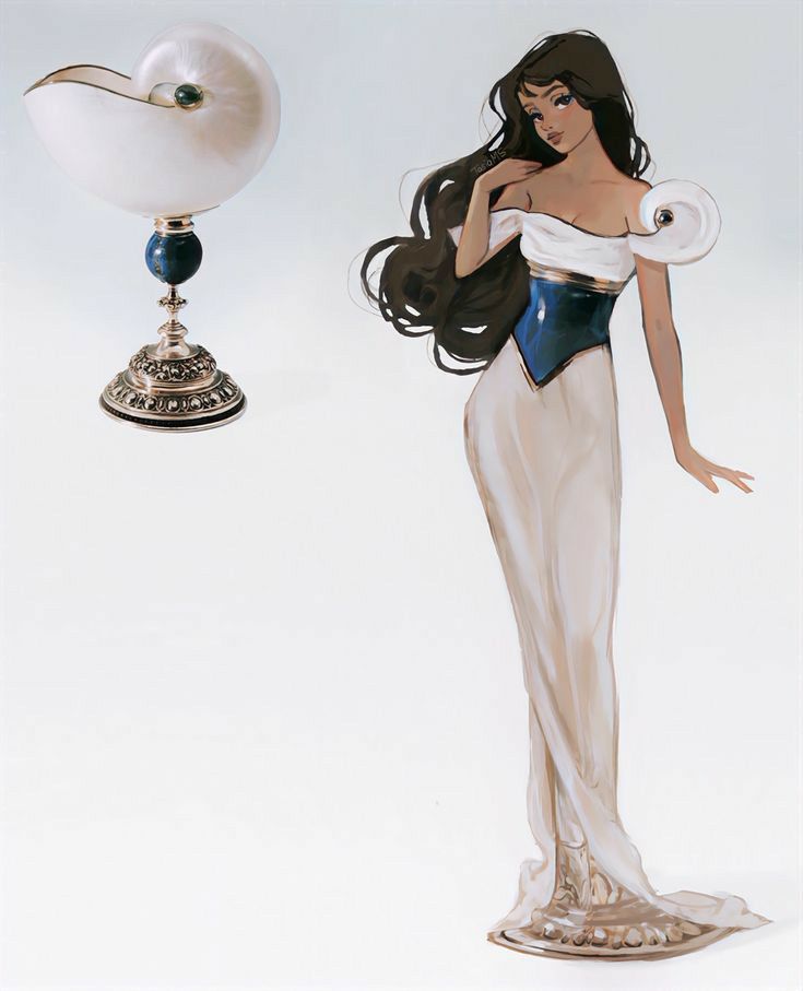 a woman with long black hair standing next to a white and blue figurine