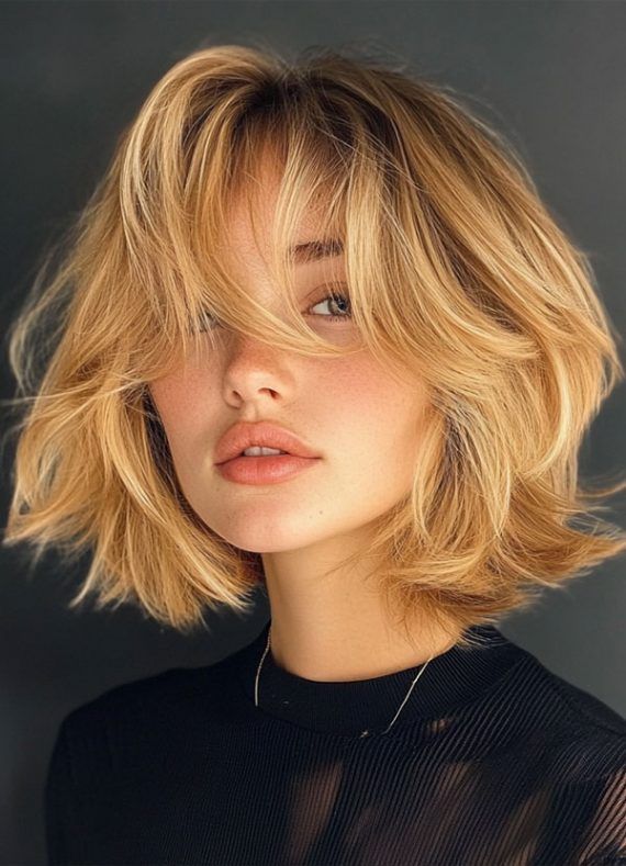 Blond Layered Bob, Shoulder Length Choppy Layers, Shaggy French Bob, Blonde Shaggy Bob, Layered French Bob, Cowgirl Bob, Blonde French Bob, Flippy Bob, Strawberry Blonde Bob