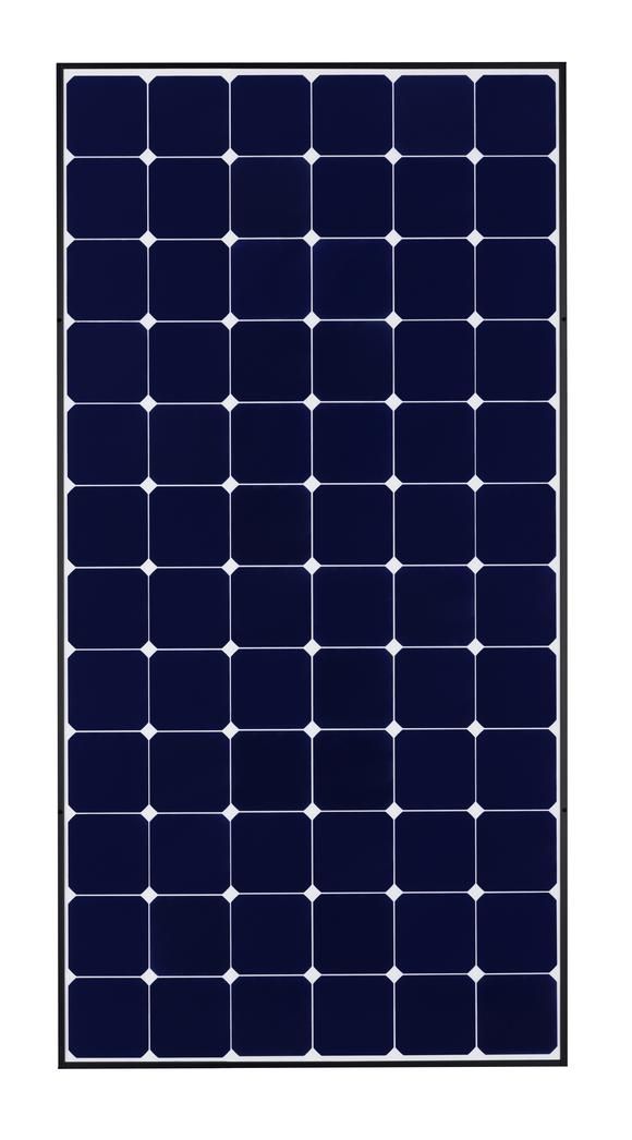 a blue solar panel with white dots on the side and black border around the edges