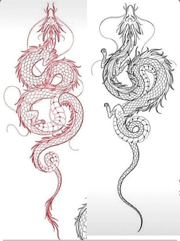 two dragon tattoos on white paper with red ink