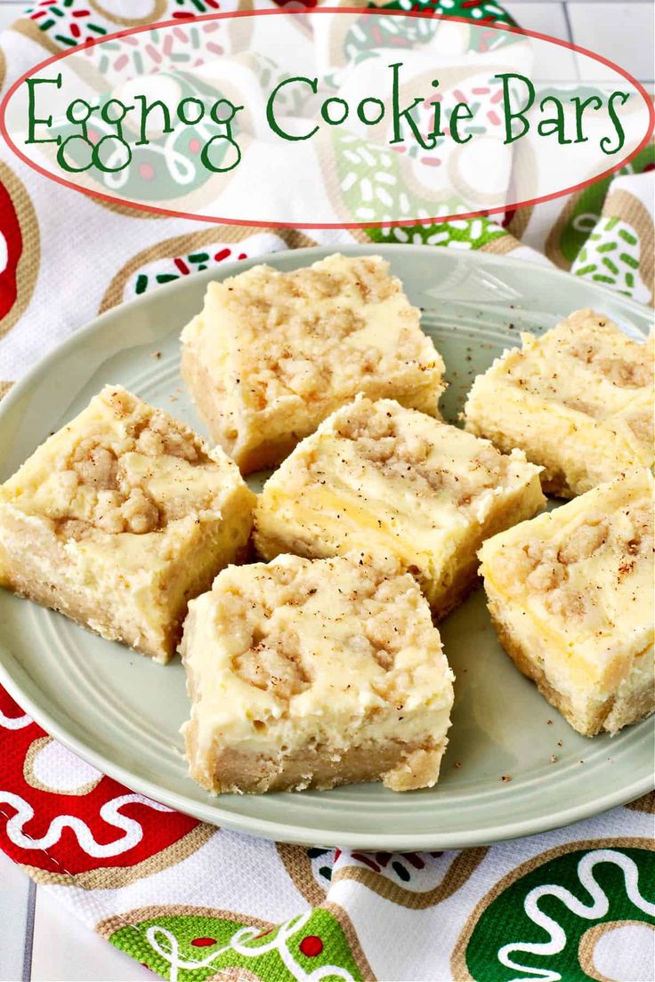 eggnog cookie bars on a plate with christmas decorations in the background and text overlay