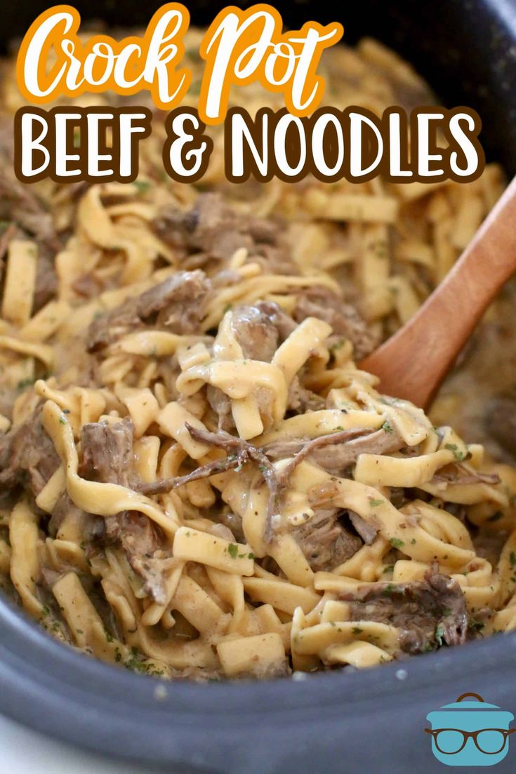 the crock pot beef and noodles is ready to be eaten