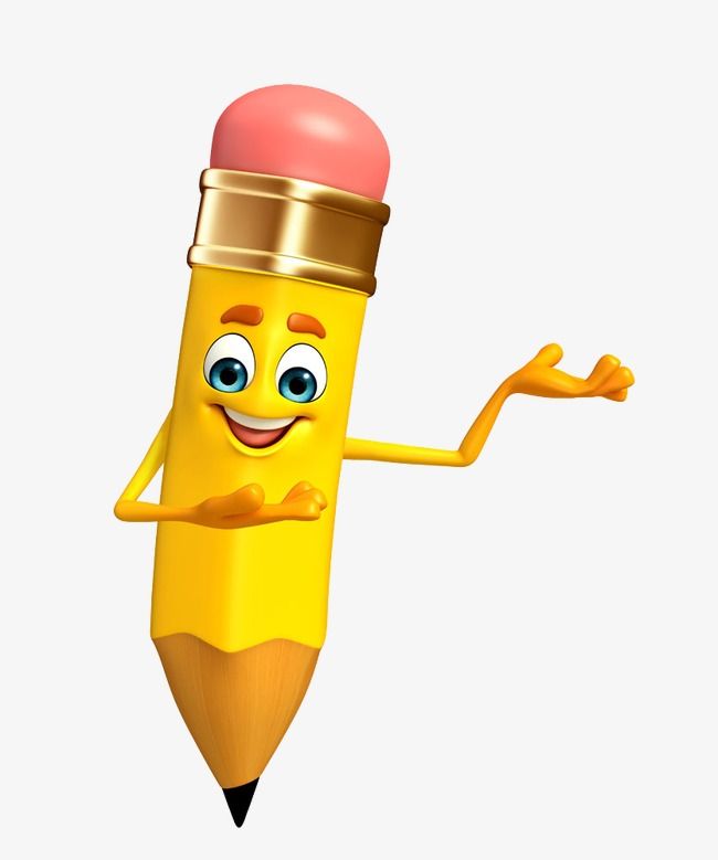 a yellow pencil with a smiling face and arms, holding a pink cap on its head