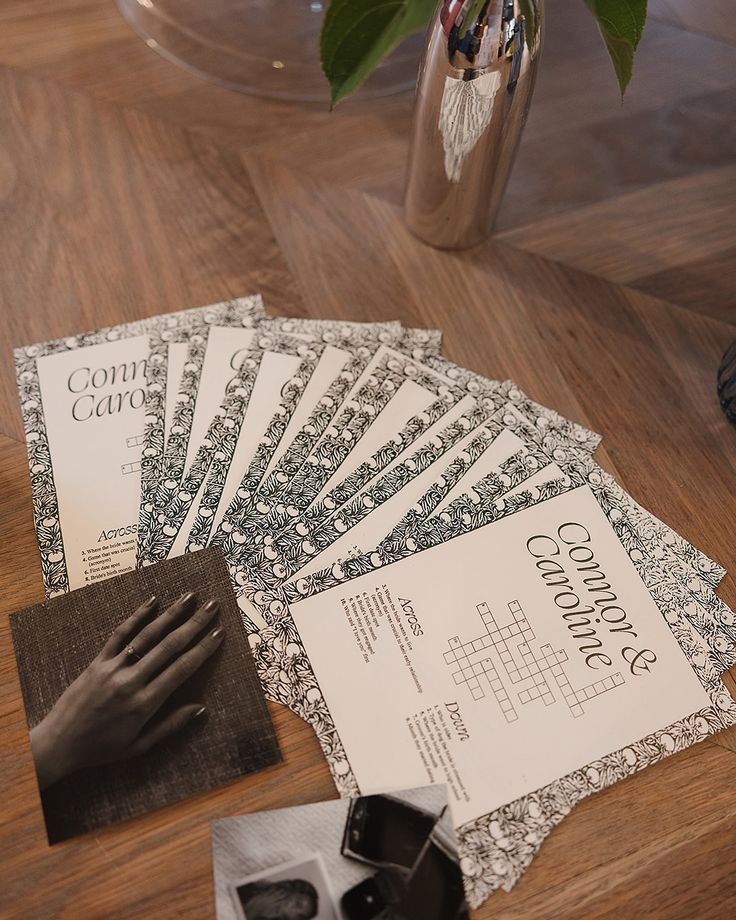 several pieces of paper sitting on top of a wooden table