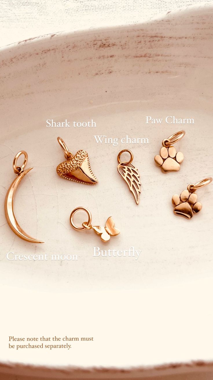 Mix and match your favorite pendant charms to create a personalized piece of jewelry. Each charm is sold separately and individually. Item Details:This is a listing for ONE(1) Gold Charm. ( Including a 14k gold-filled jumping 7mm ) Tiny Butterfly Charm, Natural Bronze, 10mm.Paw Charm, Natural Bronze, 9mm.Shark Tooth Charm, Natural Bronze, 11mm.Wing Charm, Natural Bronze, 15mmCrescent Moon charm Natural Bronze, 22 mm *Natural Bronze - Our bronze is a high-quality Italian copper and tin alloy cont Customizable Rose Gold Pendant Charm Necklace, Hypoallergenic Rose Gold Charm Necklace With Round Pendant, Small Everyday Charm Necklaces, Gold Round Pendant With Removable Charms, Minimalist Rose Gold Charm Necklace, Dainty Gold Hypoallergenic Charms, Rose Gold Charm Necklaces With Round Pendant, Hypoallergenic Gold Dangle Charms, Dainty Hypoallergenic Gold Charms