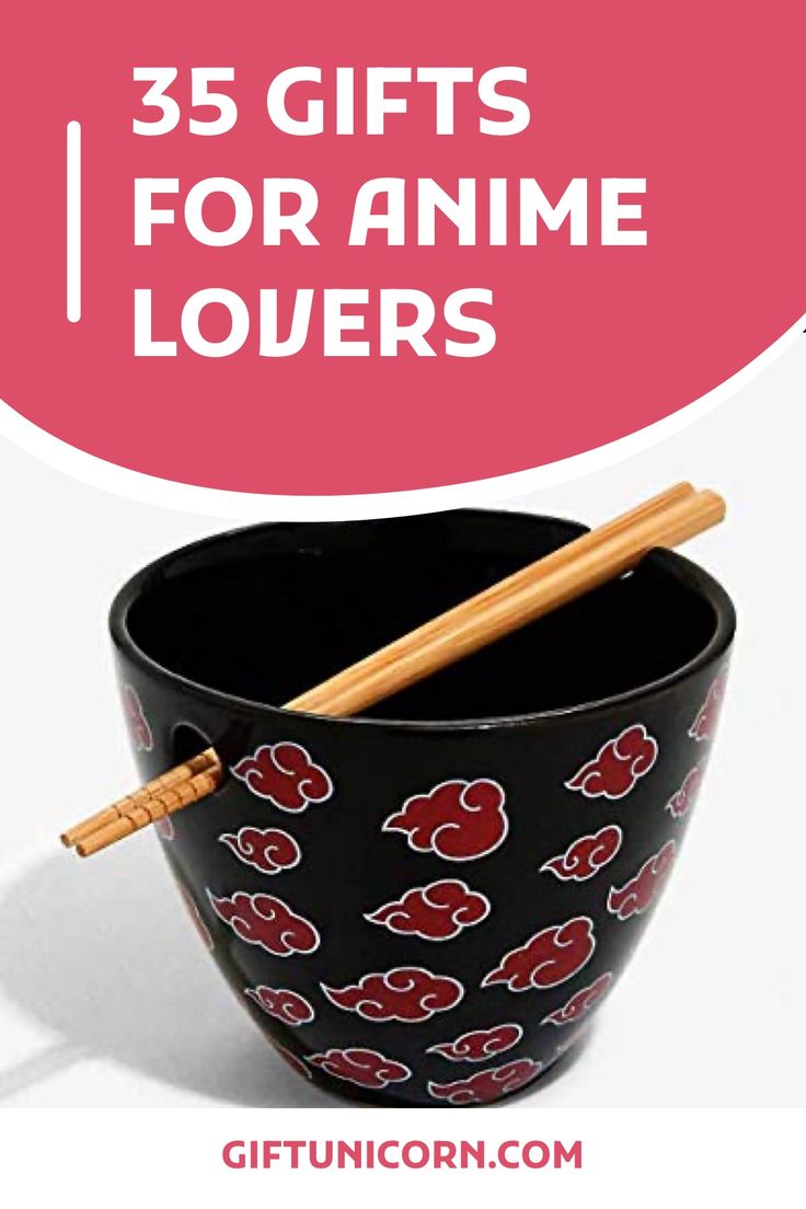 a bowl with chopsticks in it and the words 35 gifts for anime lovers