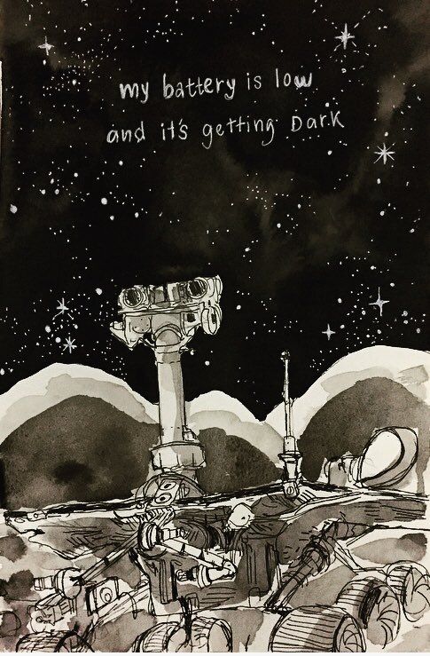 an ink drawing of a man looking at the stars in the night sky, with text that reads my battery is low and it's getting dark