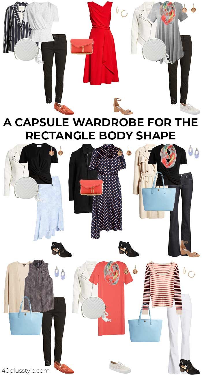 Capsule Wardrobe For Rectangular Body Shape, Rectangle Body Dress Outfit, Summer Capsule Wardrobe Rectangle Body Shape, Best Clothing For Rectangle Shape, Flattering Dresses Body Shapes Rectangle, Rectangle Body Capsule Wardrobe, Flattering Outfits For Rectangle Shape, Rectangle Shape Outfits What To Wear, Flattering Clothes For Rectangle Shape