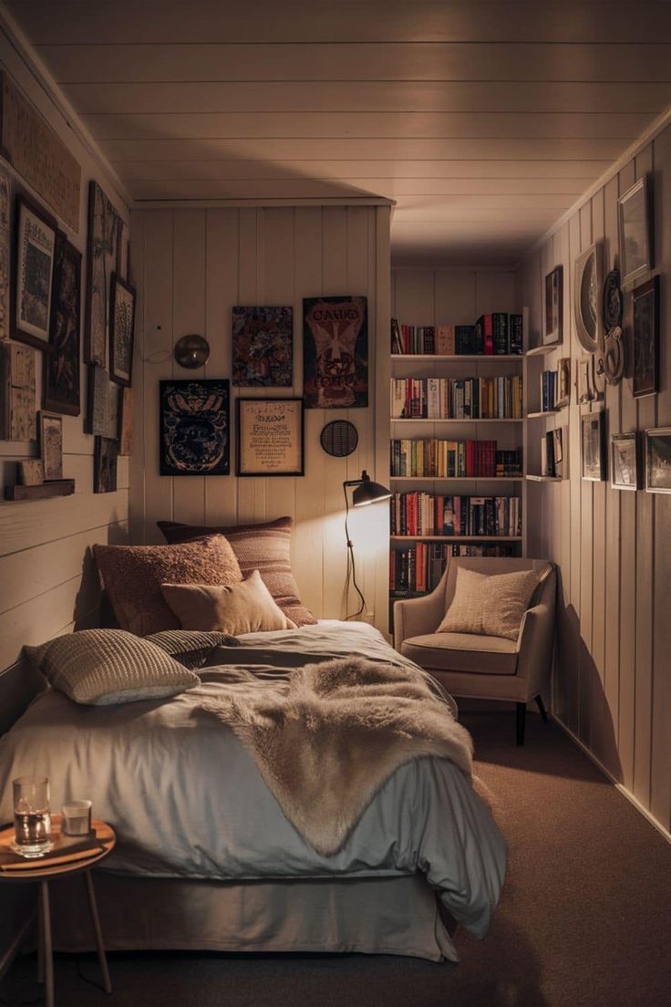 a bed sitting in a bedroom next to a book shelf filled with lots of books