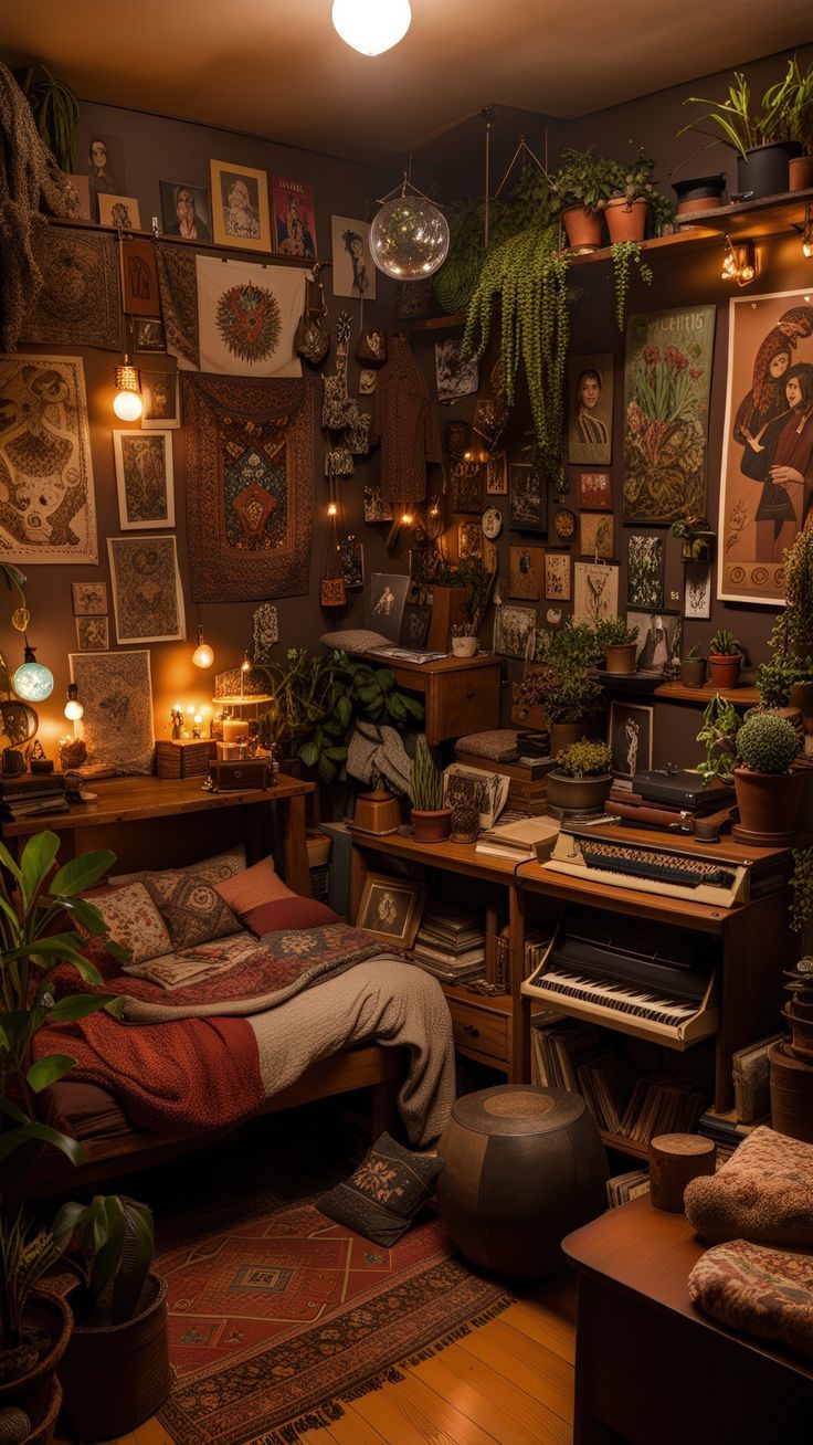 a bedroom with lots of plants and pictures on the wall above the bed, along with a piano