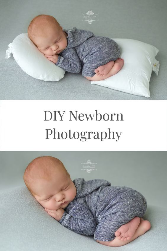 two photos of a baby sleeping on top of a pillow with the caption diy newborn photography